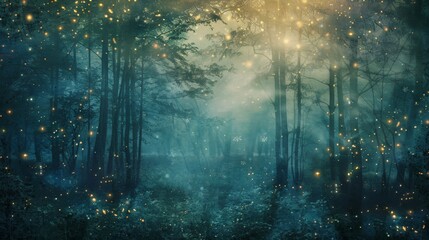 Naklejka premium A mixed media artwork combining photography and painting to create a realistic yet fantastical depiction of a forest at twilight, illuminated by fireflies and fairy lights.