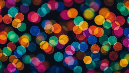 Close up of colorful rainbow colored lights circle shaped bokeh blurred dots background