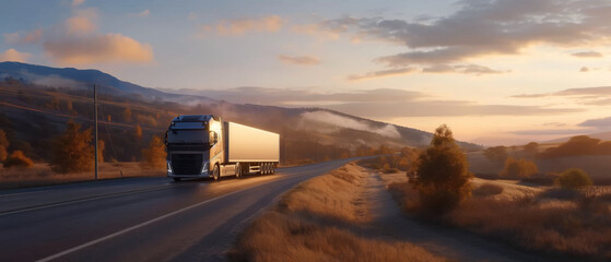 A large truck carries cargo along the highway passing beautiful landscapes