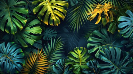 An abstract art tropical leaves background modern. This wallpaper design is composed of watercolor art textures of palm leaves, jungle leaves, monstera leaves, tropical botanical floral patterns.