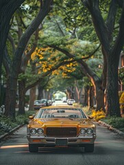 A Nostalgic Vintage Automobile Cruising Down a Picturesque Tree-Lined Street in Autumnal Americana