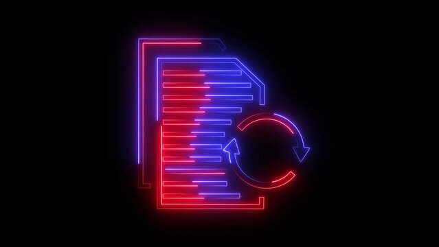 Neon, line art concept of paper, document. Outline of doc, office concept. Neon Text file icon blue pink color animation black background.