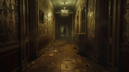 Obraz premium A dimly lit old mansion hallway, with a ghostly silhouette at the end, evoking haunted tales