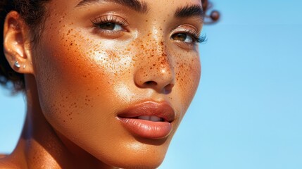   A tight shot of a woman's face, adorned with freckles dotting her complexion, notably her cheeks