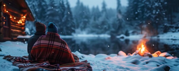 Cozy winter cabin with a fire glowing and a couple cuddled under a blanket