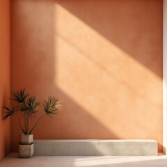 Orange minimalistic abstract empty stone wall mockup background for product presentation. Neutral industrial interior with light, plants