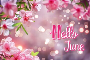 The text "Hello June" is written in pink letters on the right side of an abstract blurred background with blooming flowers Generative AI