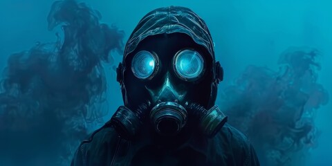A man is wearing a gas mask isolated on the dark blue background
