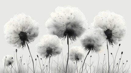 Abstract wall art modern with floating seeds, plants, dandelion, black and white color scheme. Works well for interior, prints, covers, cards, and home decor.