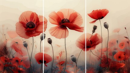 A set of botanical art posters and prints. Transparent red poppies on a white background. Multi-layer composition with macro flowers using watercolors.