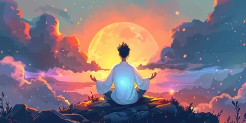 A person meditates and sitting on a rock in front of vibrant sunset