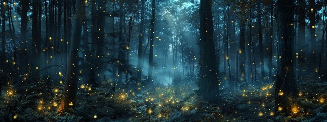 A mixed media artwork combining photography and painting to create a realistic yet fantastical depiction of a forest at twilight, illuminated by fireflies and fairy lights.