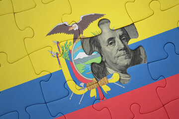 puzzle with the national flag of ecuador and usa dollar banknote. finance concept