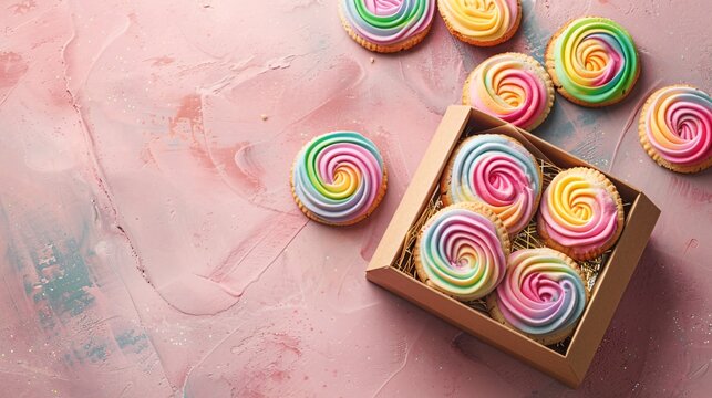 rainbow of cookies on pink table background