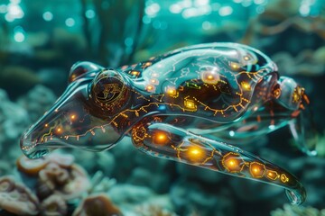 Ethereal Underwater Creature Crafted in Glass with Glowing Luminescent Patterns