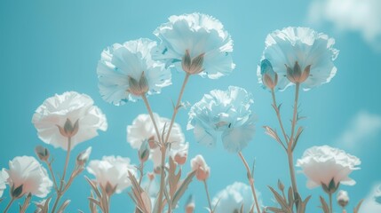   White flowers clustered against a blue sky, with a single cloud drifting centrally