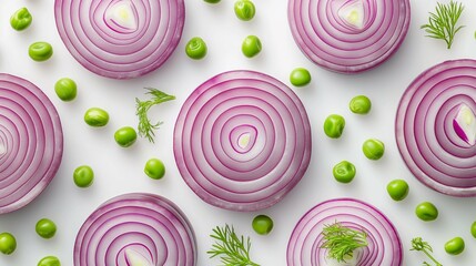 A flat lay of uniformly sliced red onions arranged in a circular pattern with green peas and herbs on a white background. Creative food concept. - Powered by Adobe