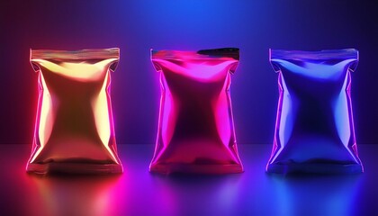 Colorful metallic realistic blank 3d mockups of blank chips bags ready to be branded
