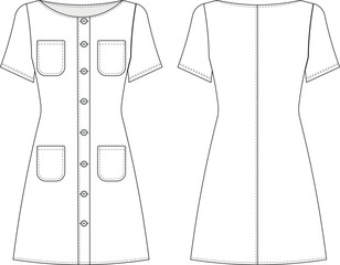 round neck crew neck short sleeve pocket detailed buttoned short a-line shirt dress template technical drawing flat sketch cad mockup fashion woman design style model
