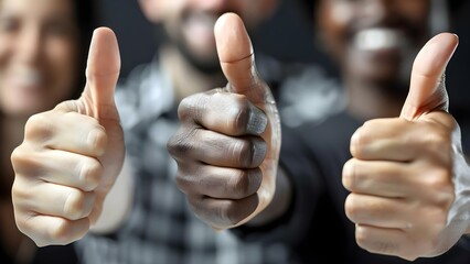 Diverse employees happily recommend company service with thumbs up. Concept Employee Testimonials, Company Culture, Diversity in the Workplace, Positive Reviews, Employee Satisfaction