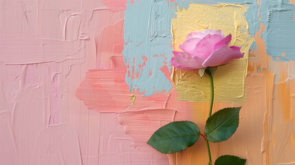 Textured Botanical Art: Elegant Pink Rose on a Pastel Pink and Blue Brushstroke Background