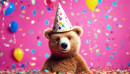 'studio friendly wearing vibrant background. hat confetti bear brithday Funny cute party colorful ai generative grizzly brown wild beast birthday humorous celebration animal' - Powered by Adobe