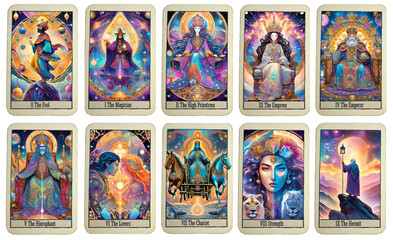 The first ten Tarot cards from the Major Arcana