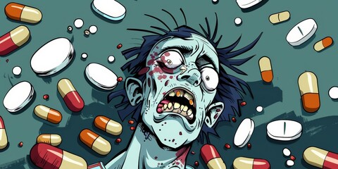 Cartoon man standing among various of a pills