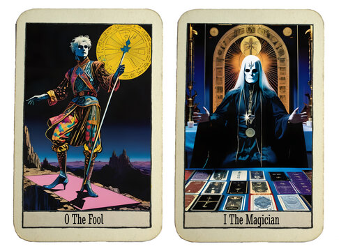 The first two Tarot cards of the major arcana on transparent background. The fool and the magician