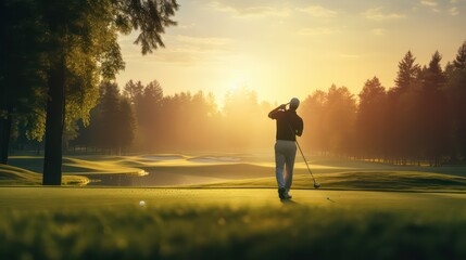 Fototapeta premium Golfer on the golf course at sunset