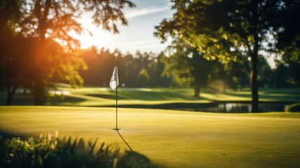 golf ball hole flag on the green of a beautiful golf course at sunset