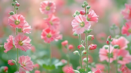   Pink flowers bloom in a field of green and pink, with a blurred backdrop of more pink flowers