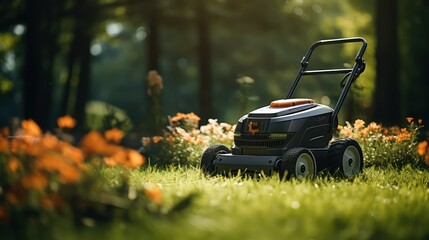 Lawn mower cutting grass in the garden. Gardening concept.