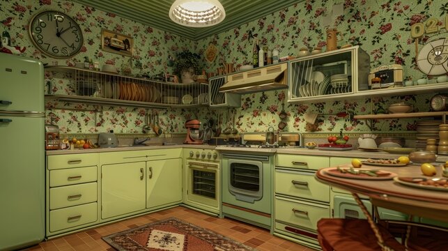 Retro 1970s Avocado Green Kitchen with Floral Wallpaper and Kitschy Decor in Cinematic Photography