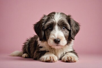 Bearded Collie puppy looking at camera, copy space. Studio shot.