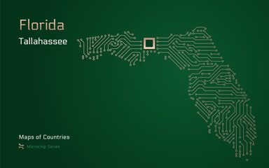 Florida Map with a capital of Tallahassee Shown in a Microchip Pattern. Silicon valley, E-government. United States vector maps. Microchip Series	
