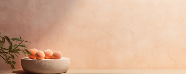 Peach minimalistic abstract empty stone wall mockup background for product presentation. Neutral industrial interior with light, plants