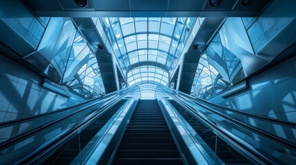 Sleek Futuristic Architectural Corridor with Geometric Glass and Steel Escalators,Inspiring Modern Urban Transportation Design