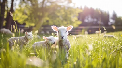 a beautiful meadow bathed in sunlight, where playful lambs frolic and interact with each other in a heartwarming display of friendship and joy.