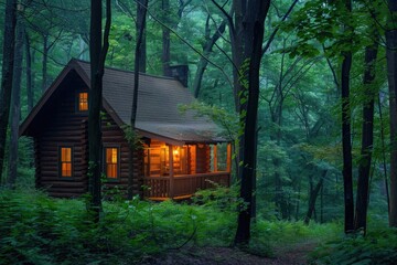 small cabin surrounded by trees in forest