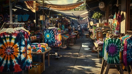 Vibrant 1970s Street Market with Eclectic Handmade Crafts,Tie-Dye Shirts,and Vintage Goods on Display