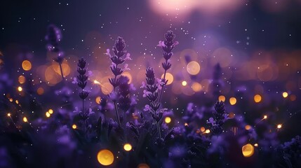    a lavender field with a foreground of focused lights and a backdrop of a full moon