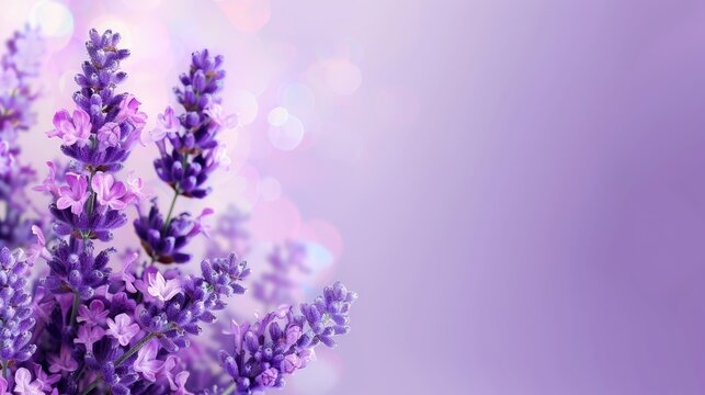   A tight shot of numerous violet blooms against a backdrop of purple and white Background features soft, radiant bokeh  light