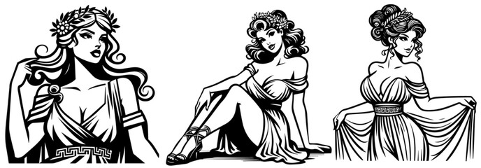 greek pin-up girl, vintage comic style, black silhouette vector, beauty woman cartoon print, retro clipart pin up illustration