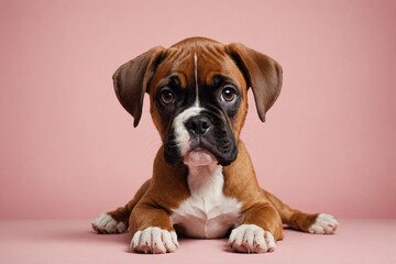 Boxer puppy looking at camera, copy space. Studio shot.