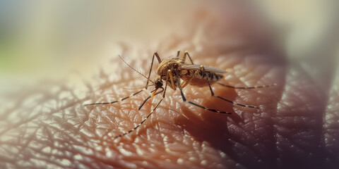 Fototapeta premium Close up photo of a dengue mosquitoe sitting on the surface of the skin