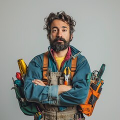Colorful handyman with arms crossed and tools
