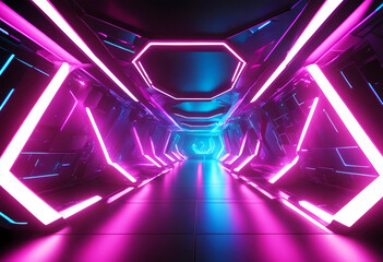 'illustration 3d spectrum pink blue tunnel endless geometric lines neon laser colorful light ultraviolet fluorescent background triangles corridor futuristic flying abstract technology'