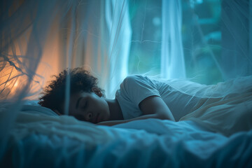 Photo of a girl sleeping calmly surrounded by mosquito net - obrazy, fototapety, plakaty