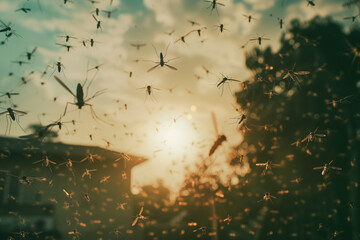 A cloud of mosquitoes flying in the air, cottage setting with cloudy sky on the background